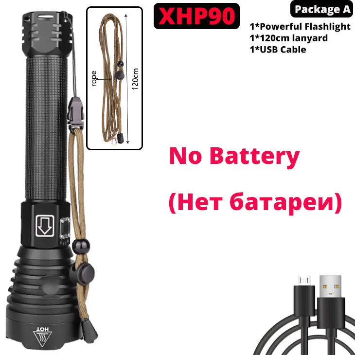 Package A-XHP90 XHP70.2 XHP90 USB Перезаряжаемый светодиодный светильник-вспышка XHP70 мощный фонарь супер водонепроницаемый охотничий светильник с зумом 18650 или 26650 Battey - Испускаемый цвет: Package A-XHP90