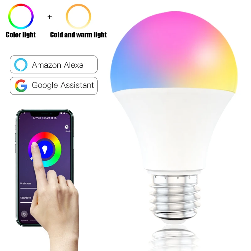 

Умсветильник лампа B22 E27 с Wi-Fi, 15 Вт, светодиодная лампа RGB, работает с Alexa/Google Home, 85-265 в, RGB + белый, с регулируемой яркостью, функция таймера, волш...