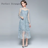 2021 new arrival euro american dress high quality floral printed vestidos long sleeve famale long robe women lace gauze dress