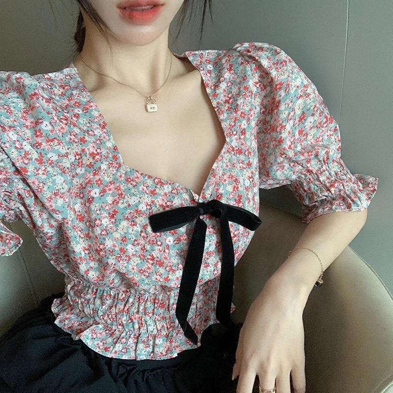 

ZAWAHIKI Vintage Elegant Print Blouse Women Summer Square Collar Bowknot Puff Short Sleeve Slim Bodycon Tops Fashion Short Shirt