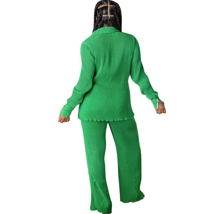 Женский летний костюм-двойка блузка с длинным рукавом и лацканами + длинные брюки