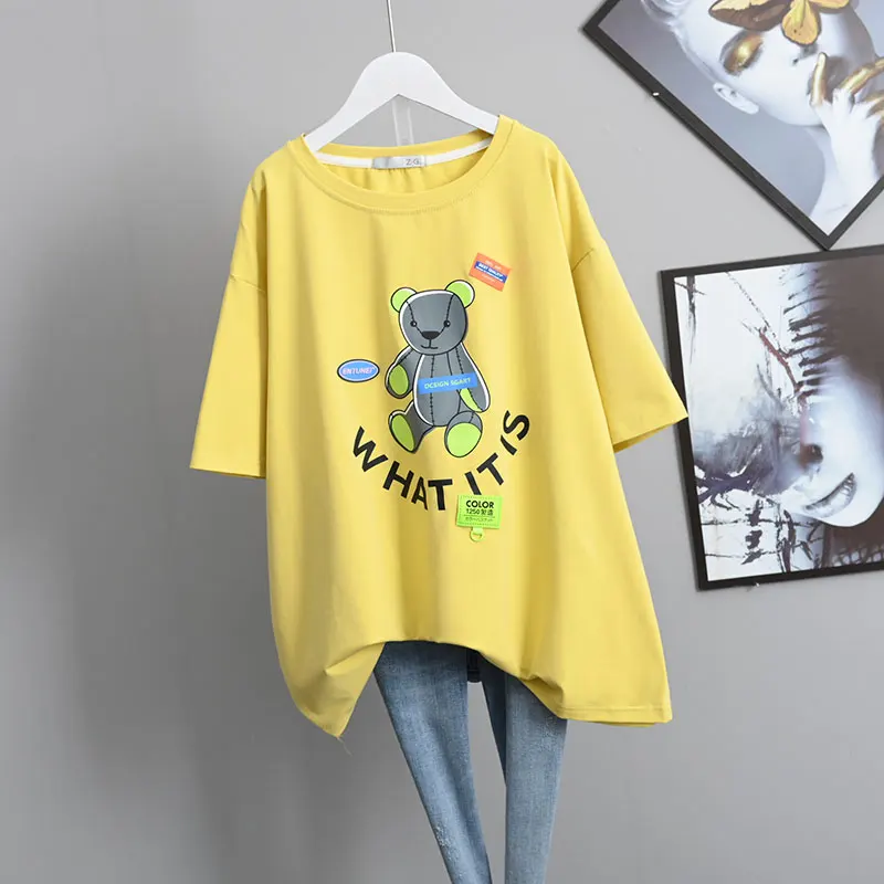 

2021 Summer European Fashionable Women T-shirt Korean Style Plus Size Loose Western Style Tee Slimming Round Neck Pullover Top