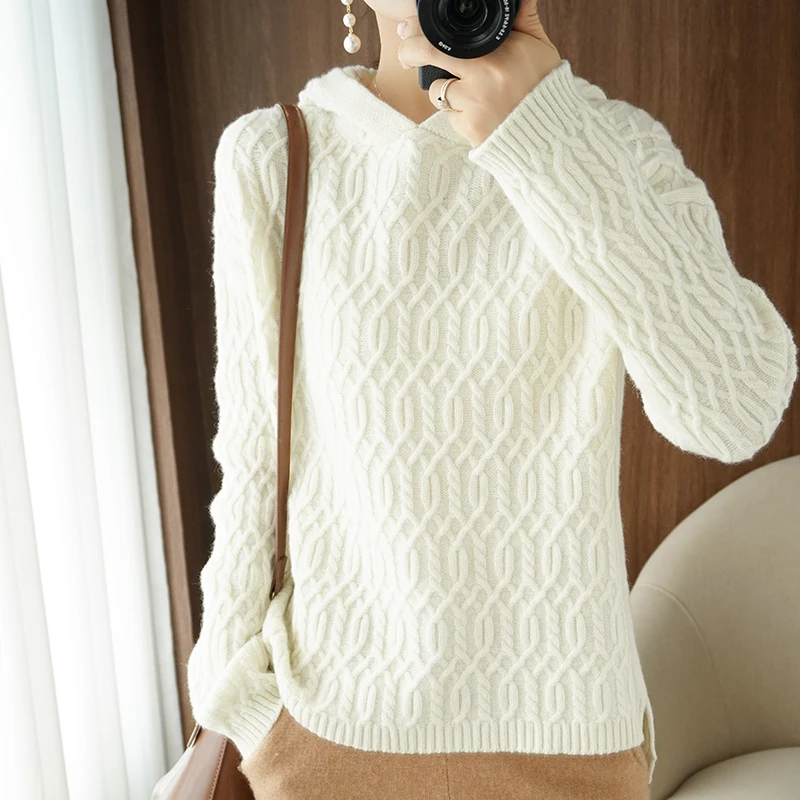 

Autumn Winter New Women's Hooded Collar 100% Pure Wool Sweater Twisted Flower Thick Sweater Loose Knit Bottoming Shirt Pullover
