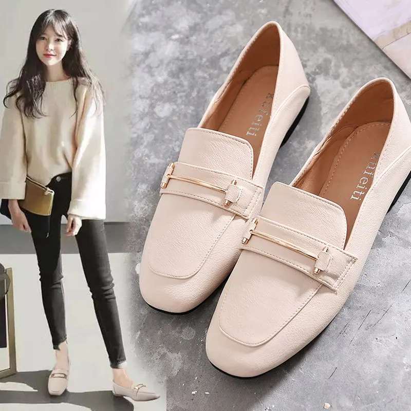 Однотонные повседневные небольшие кожаные туфли женские двухсторонние лоферы с