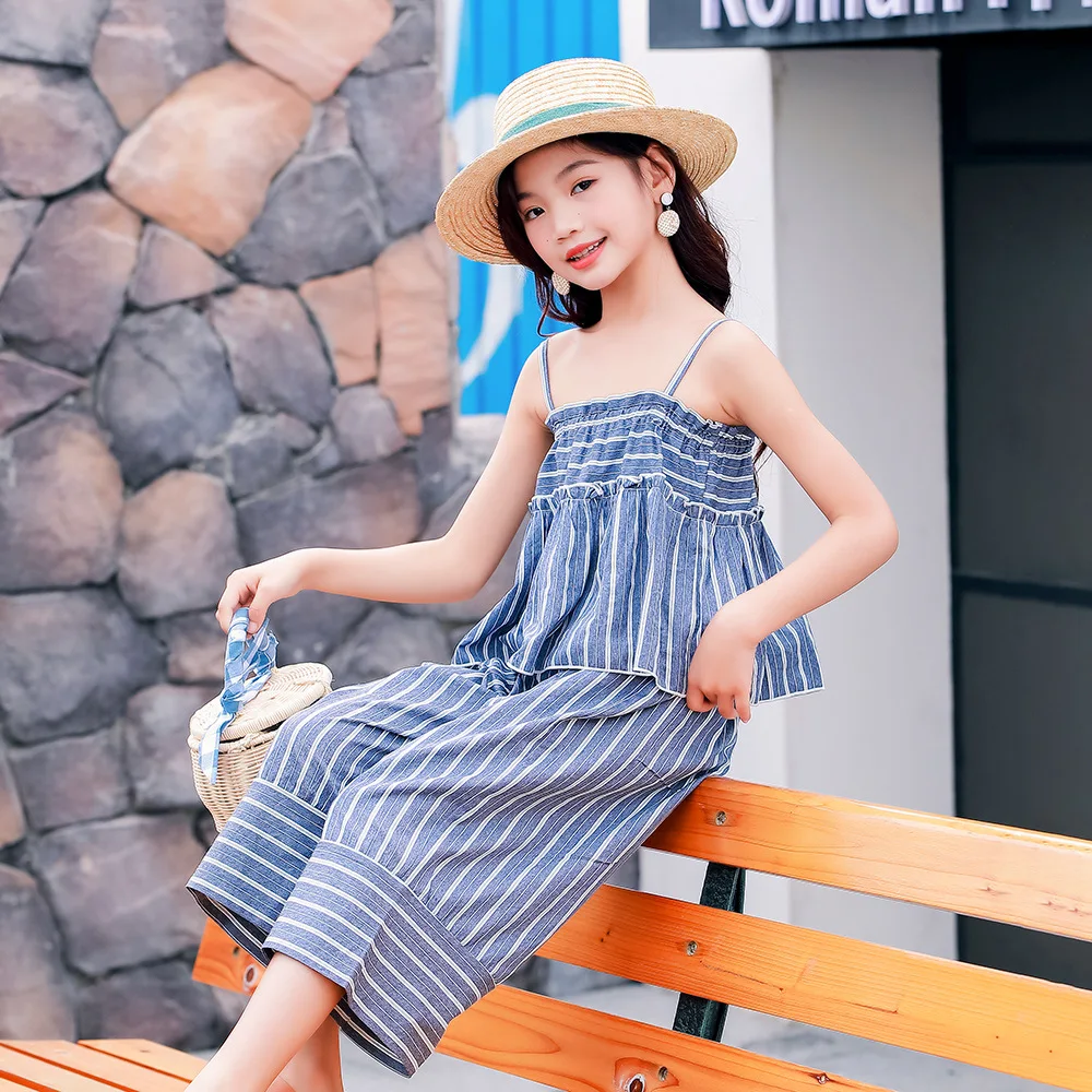 

2021 Summer New Teens Girls Clothes Set Fashion Stripe Sling Tops Wide Leg Pants Two Piece Suit for Kids Tracksuit Girl Outfit