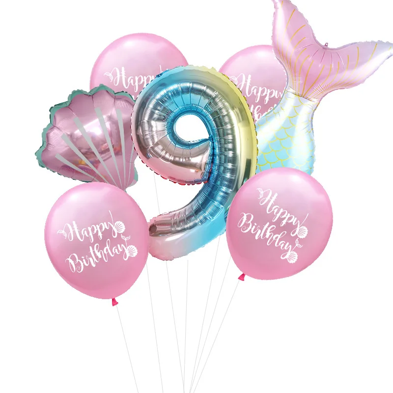 

7 pcs Mermaid Balloon Set Children's Birthday Decoration Digital Mermaid Aluminum Film Gradient Balloon Set