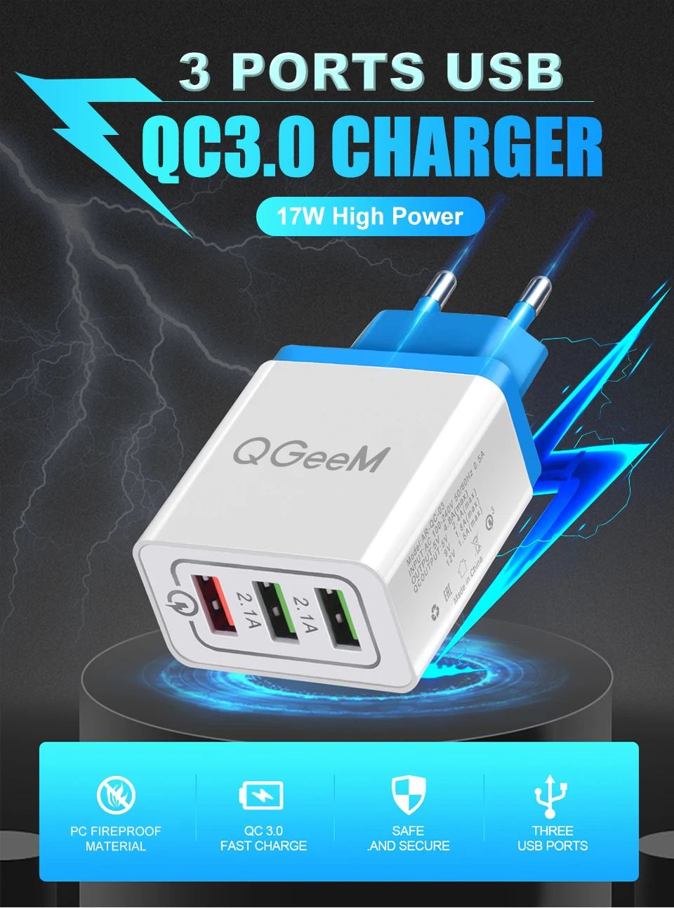 QGEEM 3 USB зарядное устройство Быстрая зарядка 3,0 быстрое USB настенное зарядное устройство портативное мобильное зарядное устройство QC 3,0 адаптер для Xiaomi iPhone X EU US Plug