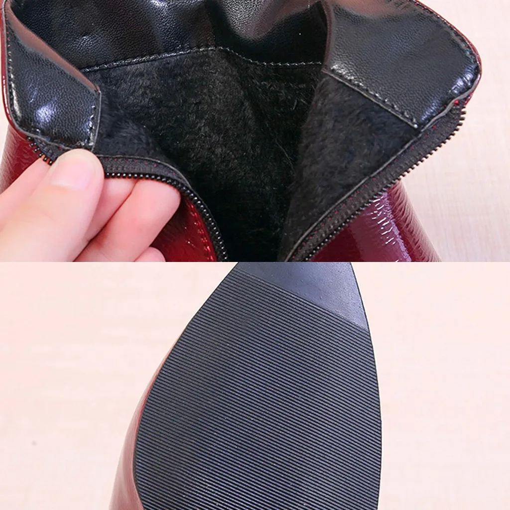 

Black Patent Leather Ankle Boots Fashion Women Square Heels Zipper Solid Color Short BootiesStreet Style Pointed Toe Shoes