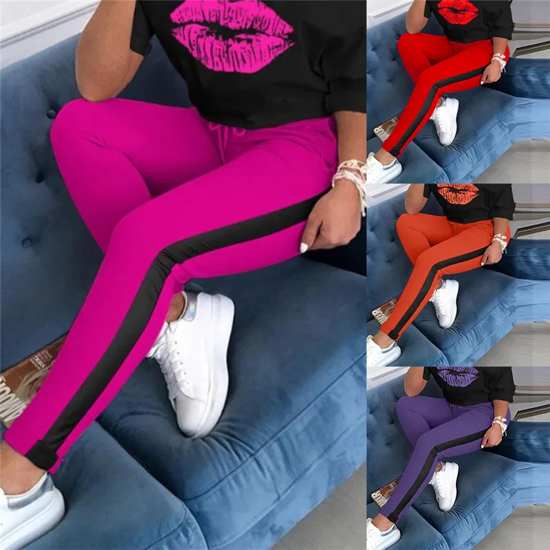 

Lip Print Tracksuit Sets Lady 2021 Summer Off Shoulder Tee- top Pencil Jogger Sweatpants Suit Elastic Waist Tracksuit Overalls