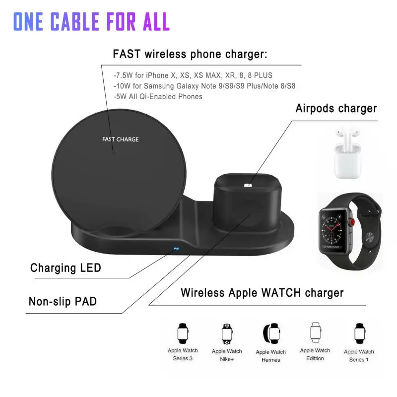Беспроводная зарядная подставка 3 в 1 для Apple Watch и AirPods Pro Qi быстрая Беспроводная зарядная станция совместима с iPhone 11