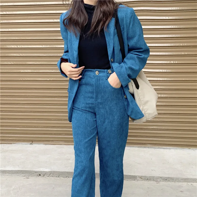 Модные элегантные деловые брючные костюмы для женщин синий вельветовый пиджак и