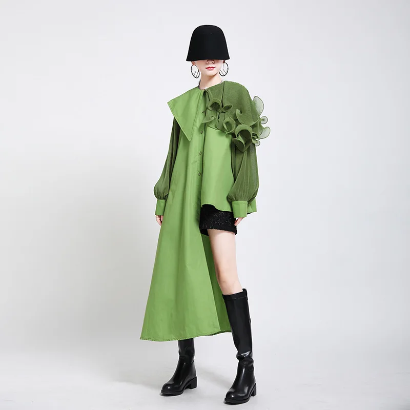 

2021 Autumn Winter Japanese Women's Niche Retro Irregular Stitching Pleated Shirt Dress with Belt for Women