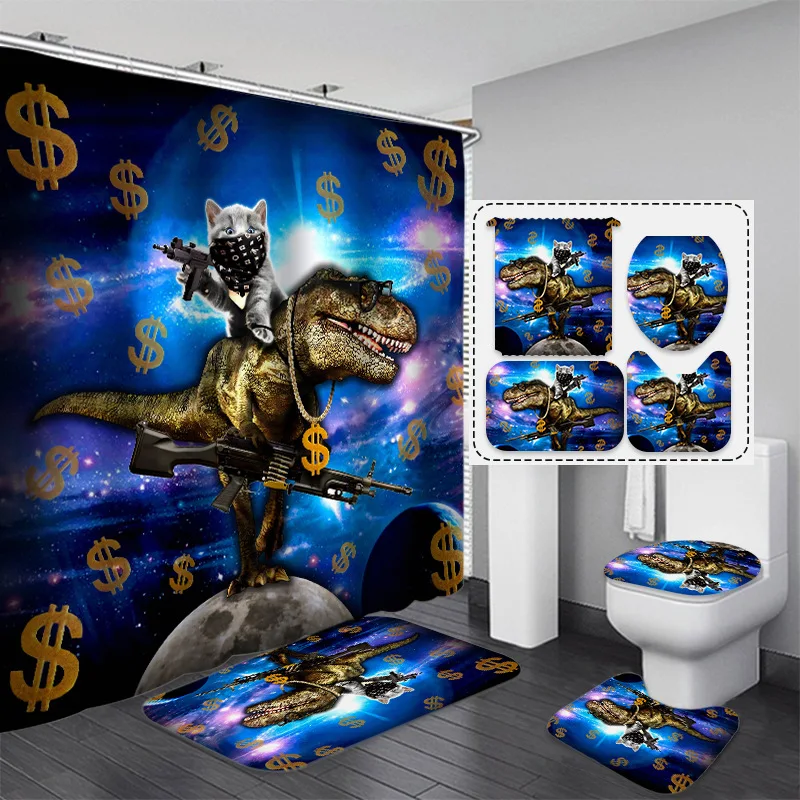 

Funny Cat Shower Curtain Cat Riding Dinosaur in Nebula Fantasy Shower Curtain Bathroom Decor with Hooks Waterproof