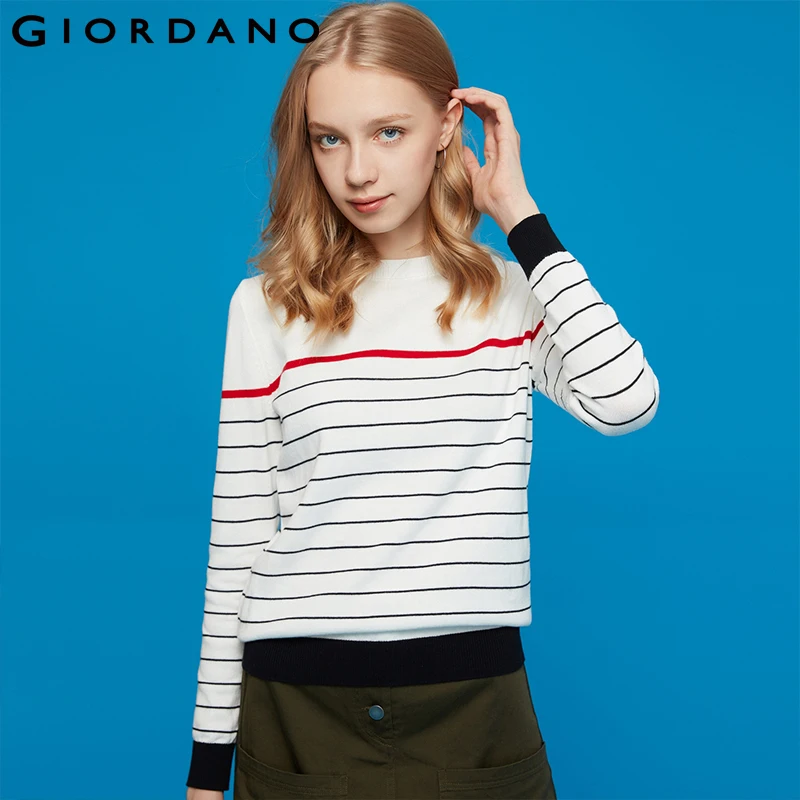 Giordano Women Sweater Knitwear Crewneck Combed Cotton Stripe Long-Sleeve 100% Soft Thin 91359870 | Женская одежда
