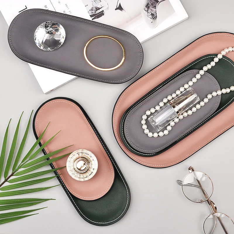 

Stainless Steel Leather Round Storage Tray Vanity Cosmetics Jewelry Desktop Organizer Plate Luxury Decoration Accessories