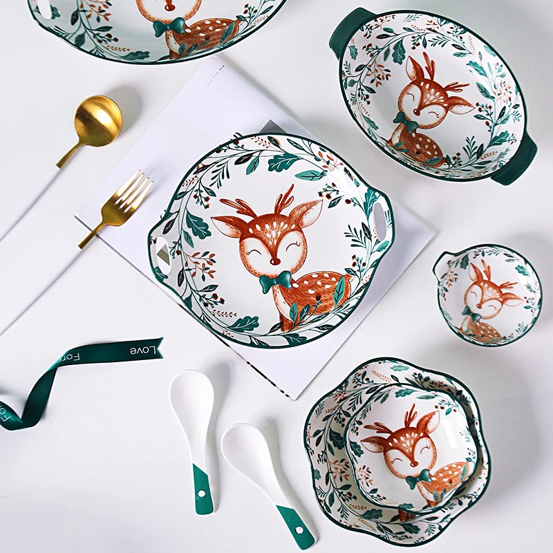 

Cartoon Tableware Forest Deer Ceramic Dishes Set Soup Noodle Bowl 11 Inch Fish Plate Handle Bake Pan Flower Penh Salad Bowl