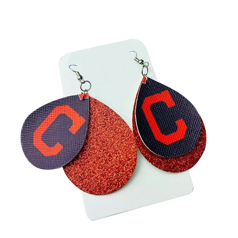 

Double Layered Glitter Cleveland Indians Football Fans Faux Leather Earrings Lightweight Teardrop Earrings C Make Order