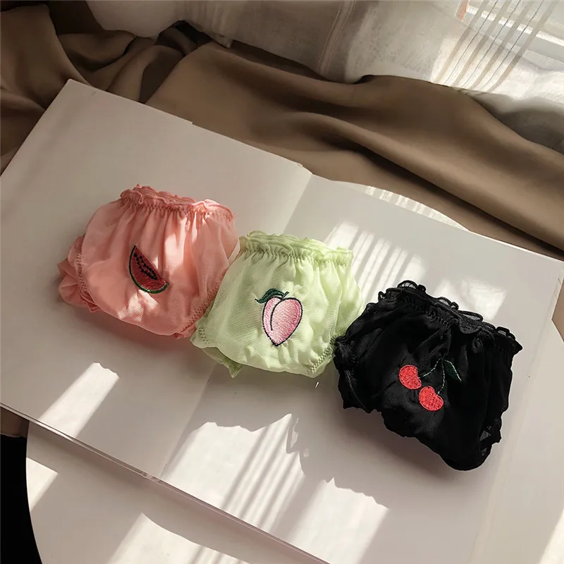 

Women Sexy Lace Lingerie Temptation Low-waist Panties Fruit Ins Embroidery Transparent Briefs Seamless Sweet Underwear