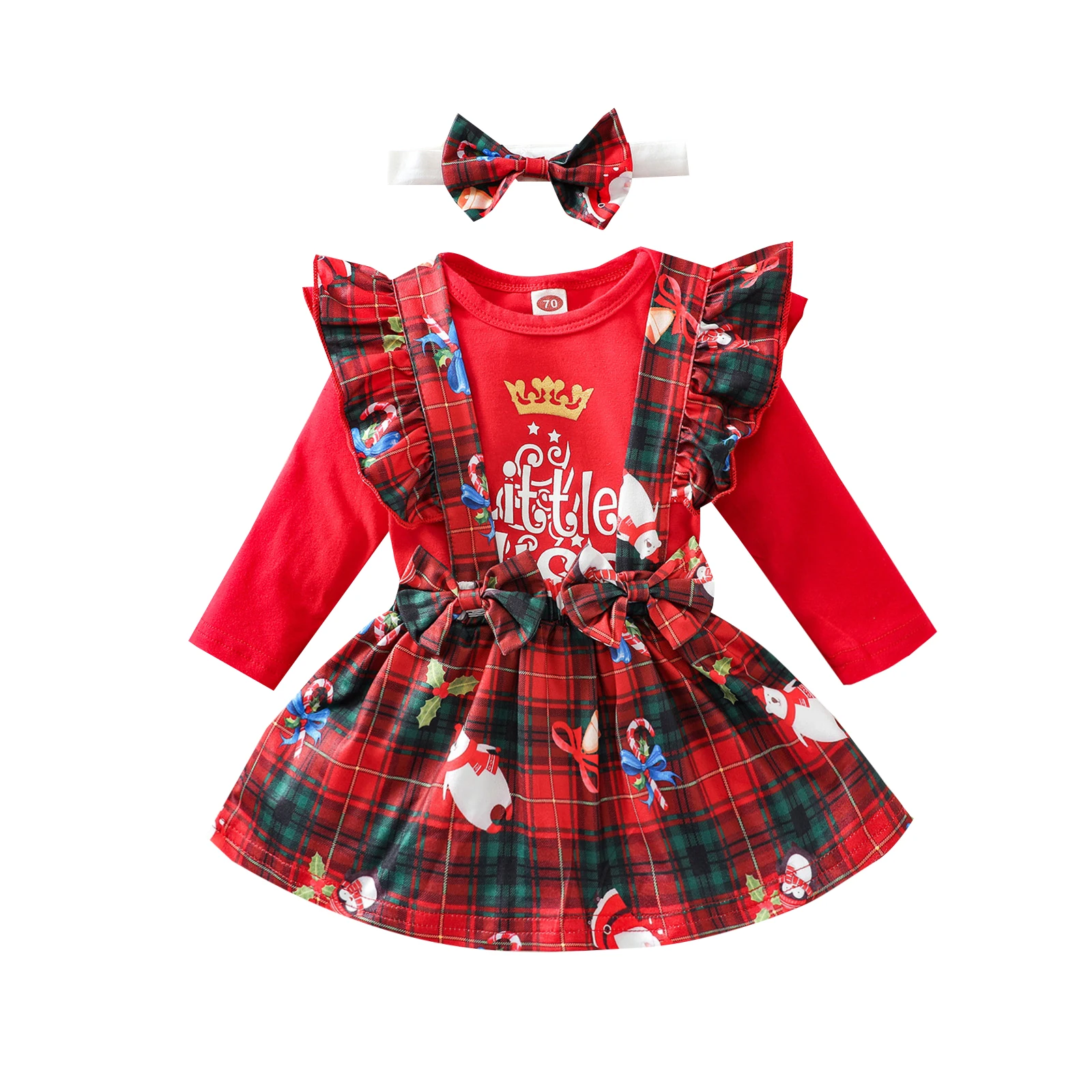 

Christmas Baby's Clothes Girls Outfits Crown Letter Print Long Sleeve Round Neck Playsuit Plaid Overalls Bowknot Headband 3 Pcs