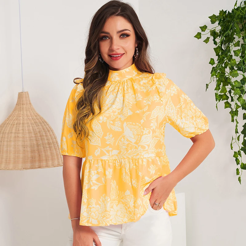 

2022 Summer New Women Blouses Yellow Pink Floral Print Ruffle Hem Stand-up Collar Back Buckle Top Fungus Lantern Sleeves T-Shirt
