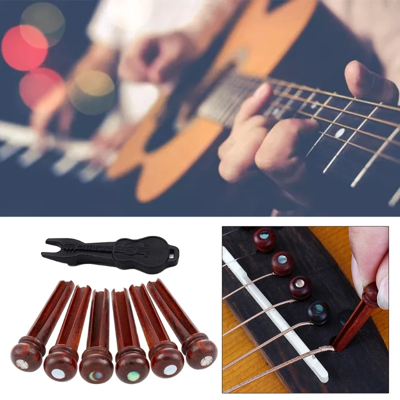 

87HF Wood Guitar Bridge Pins Acoustic Guitar Pegs Inlaid 3mm Abalone Dot with Guitar Pins Puller Remover Acoustic Guitar DIY