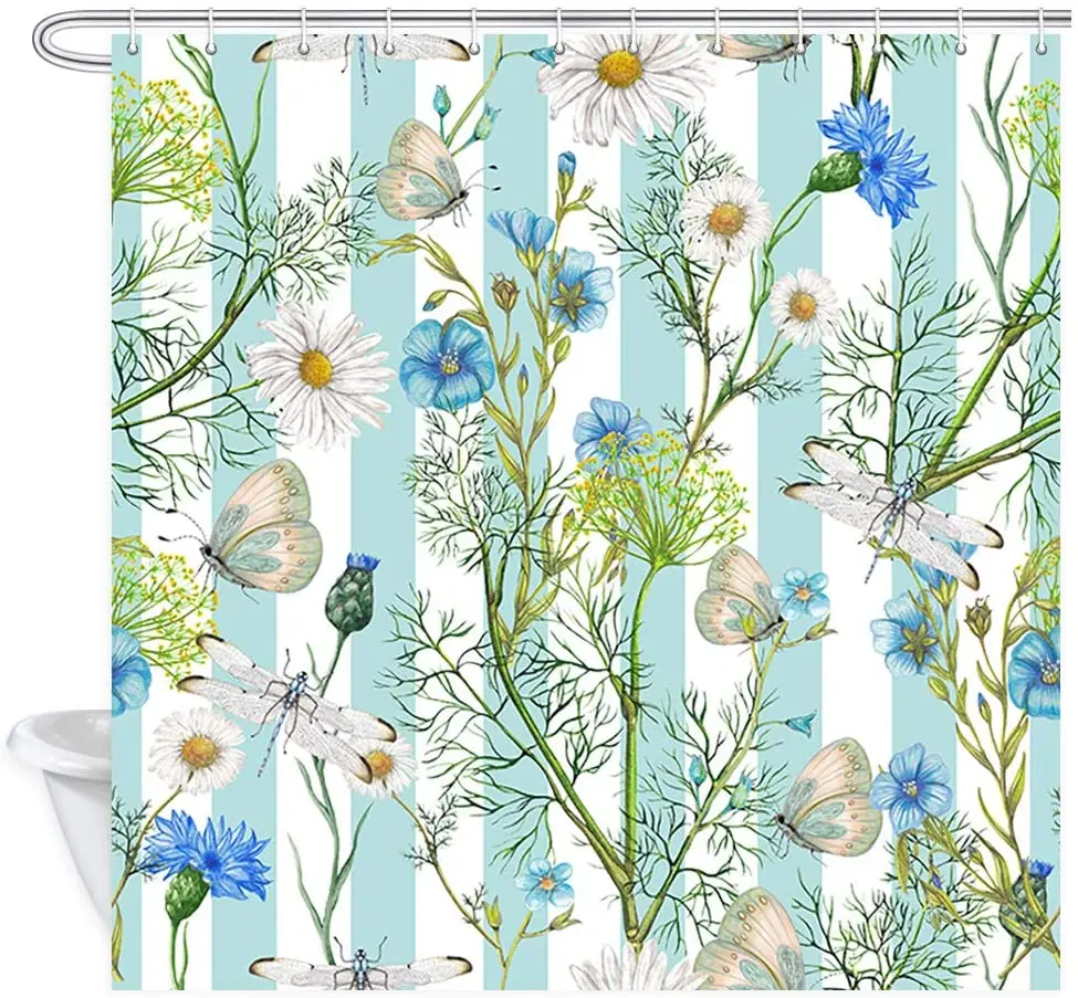 

Teal Floral Hand Drawn Botanical Pattern of Garden Wildflowers, Spring Fabric Bath Curtain