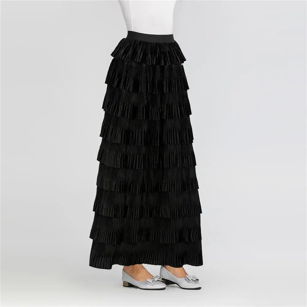 

Muslim Women Velvet Stretch Layered Skirt High Waist Pleated Islamic Maxi Skirts 2019 Autumn A-line Arab Casual Skirts Bottoms