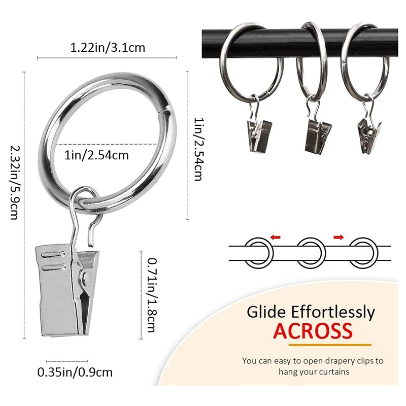 100 шт. кольцо для занавески с зажимом и 10 зажимов 1 дюйм (2 54 мм) металлическое