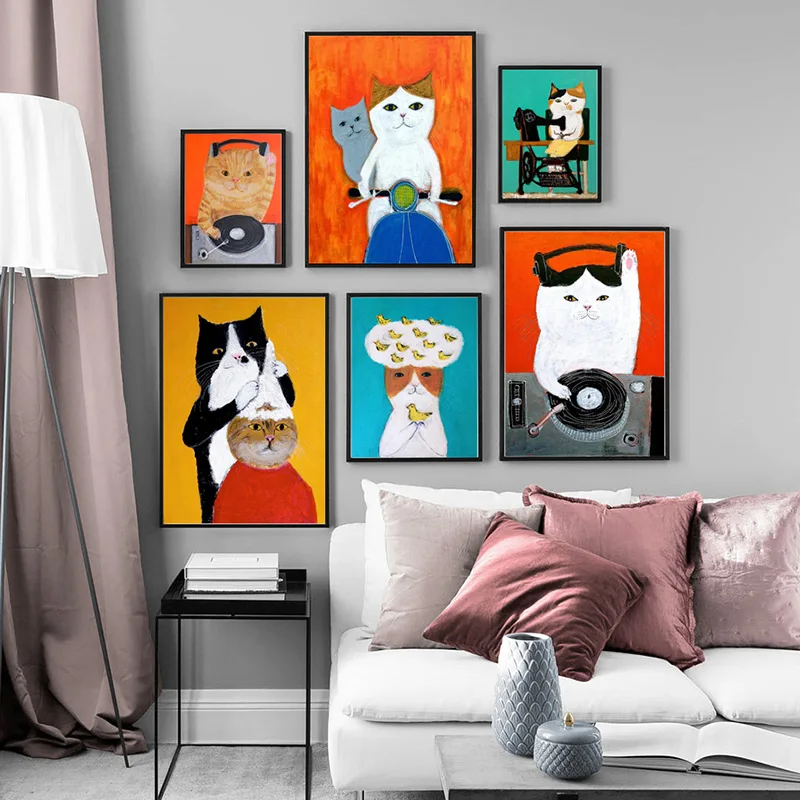 

Cartoon Cute Cats Modern Poster Prints Canvas Nordic Painting Wall Pictures For Living Room And Kid's Bedroom Nursery Home Decor