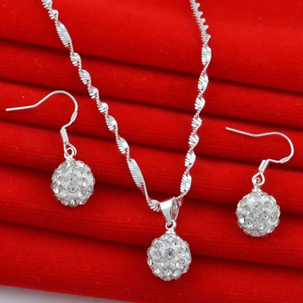

Women Fashion 925 Silver Plated Rhinestone Ball Necklace + Earrings Jewelry Set Necklace + Earrings Jewelry Set