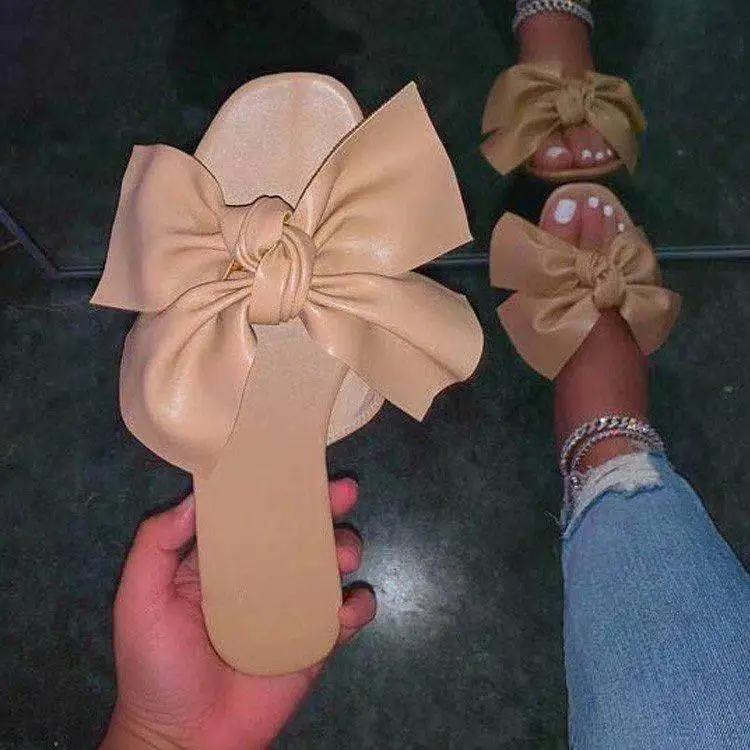 

OEING 2021 Summer New Women's Flat Sandals Fashion Open Toe Bow Slippers Outdoor Beach Shoes Solid Color Leisure Plus Size 43
