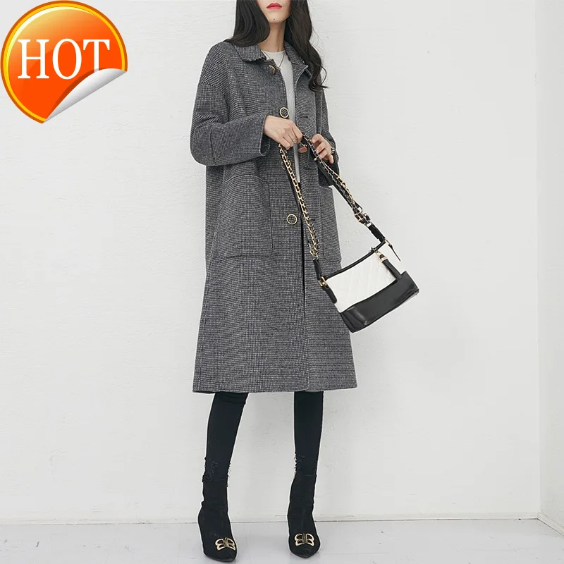 

2020 New high-end women plaid 100% wool coat gray back forked button double faced woolen overcoat women's pure cashmere coat