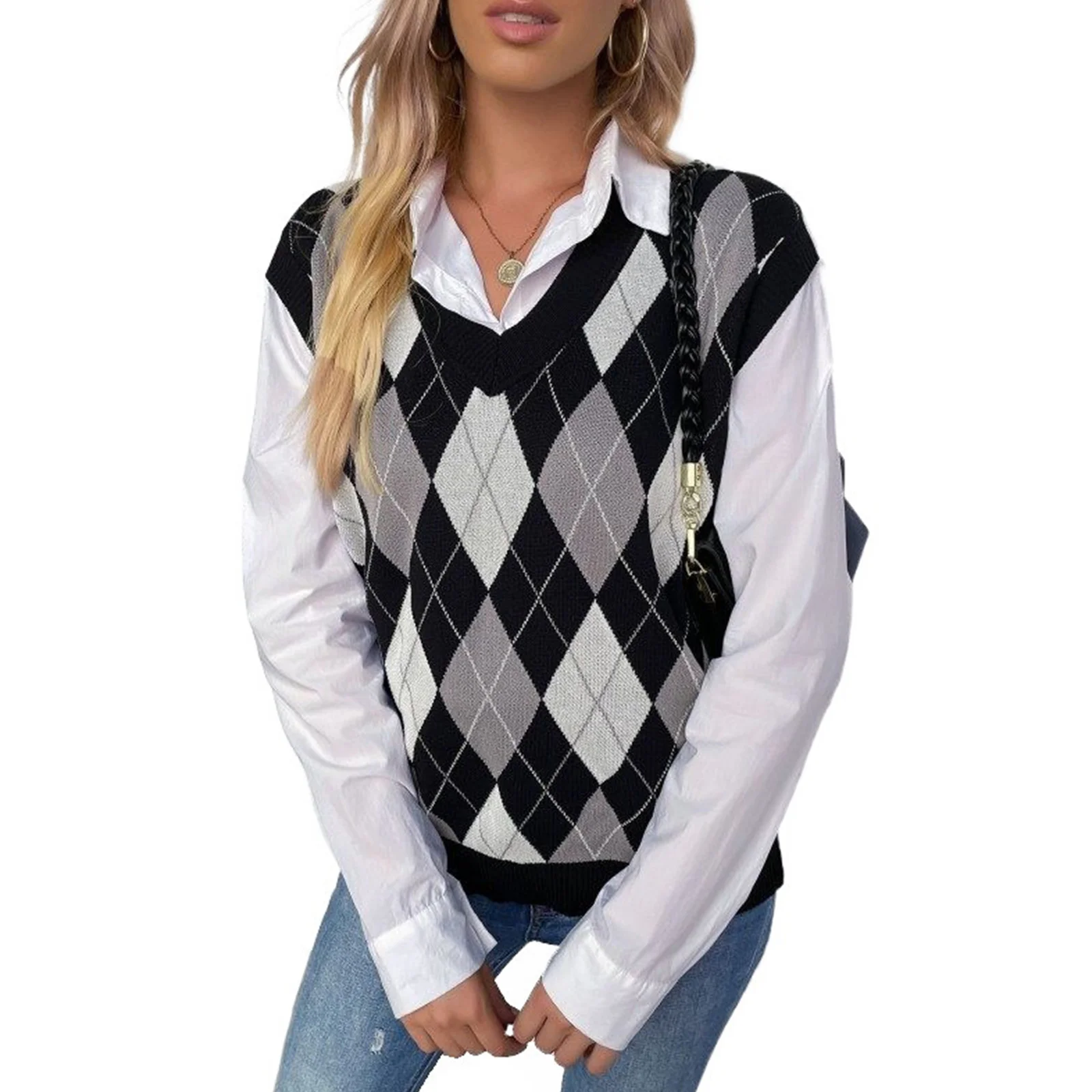 

Ladies Temperament Knitted Vest Autumn Girls Preppy Style Diamond Plaid Pattern V-neck Knitwear Casual Sleeveless Tops