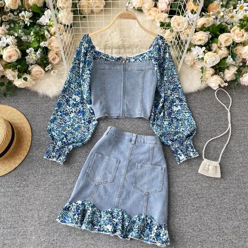 

Women's Spring Summer Runway Fashion Flower Patchwork 2 Pcs Denim Dress Female High Waist ChicShort Jean Dress TB1810