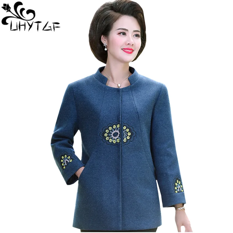 

UHYTGF Autumn Winter coat women fashion embroidery elegant Plus size top Solid color wild collar casual Female woolen jacket 843