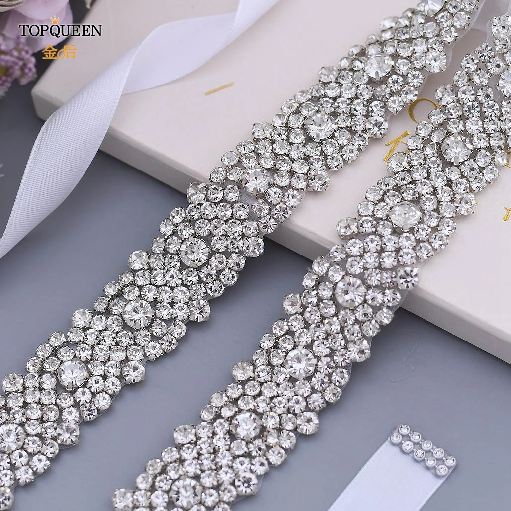 TOPQUEEN-Cinturón de novia S28B para vestido de boda, accesorios de mujer de diamantes de imitación plateados de lujo, vestido Formal, fajas de diamantes de talla grande
