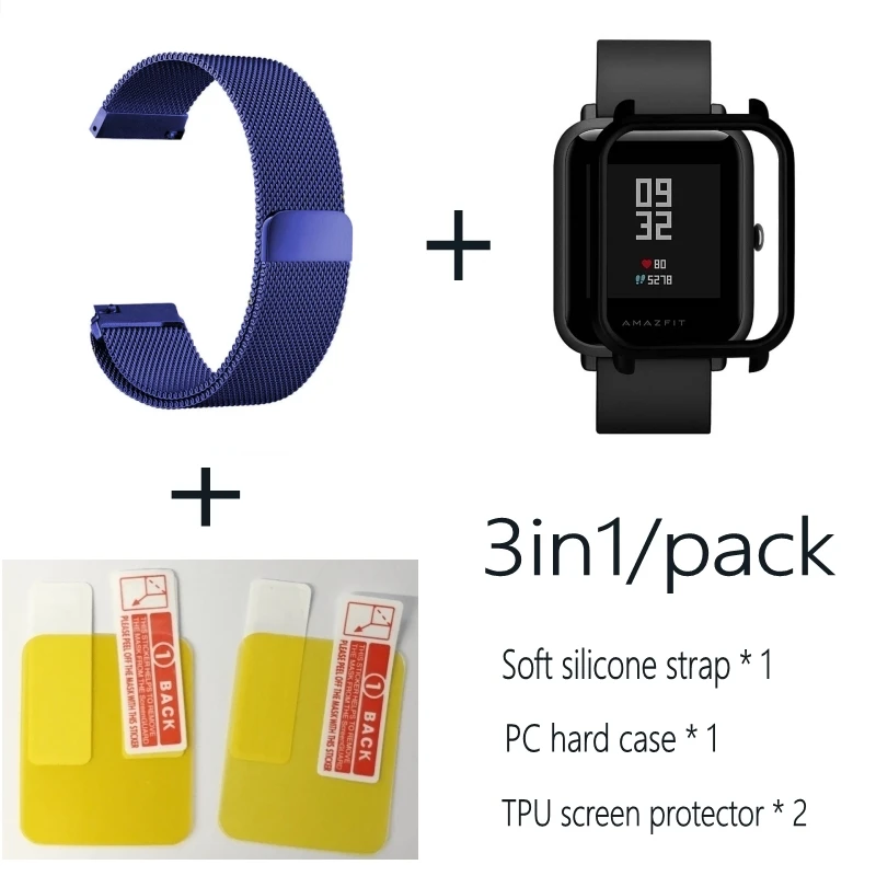 Blue-Black 3в1 Для Xiaomi Huami Amazfit ремешок bip браслет из Миланского нержавеющей стали Smartwatch Браслет amazfit bip защитный чехол для экрана - Цвет: Blue-Black