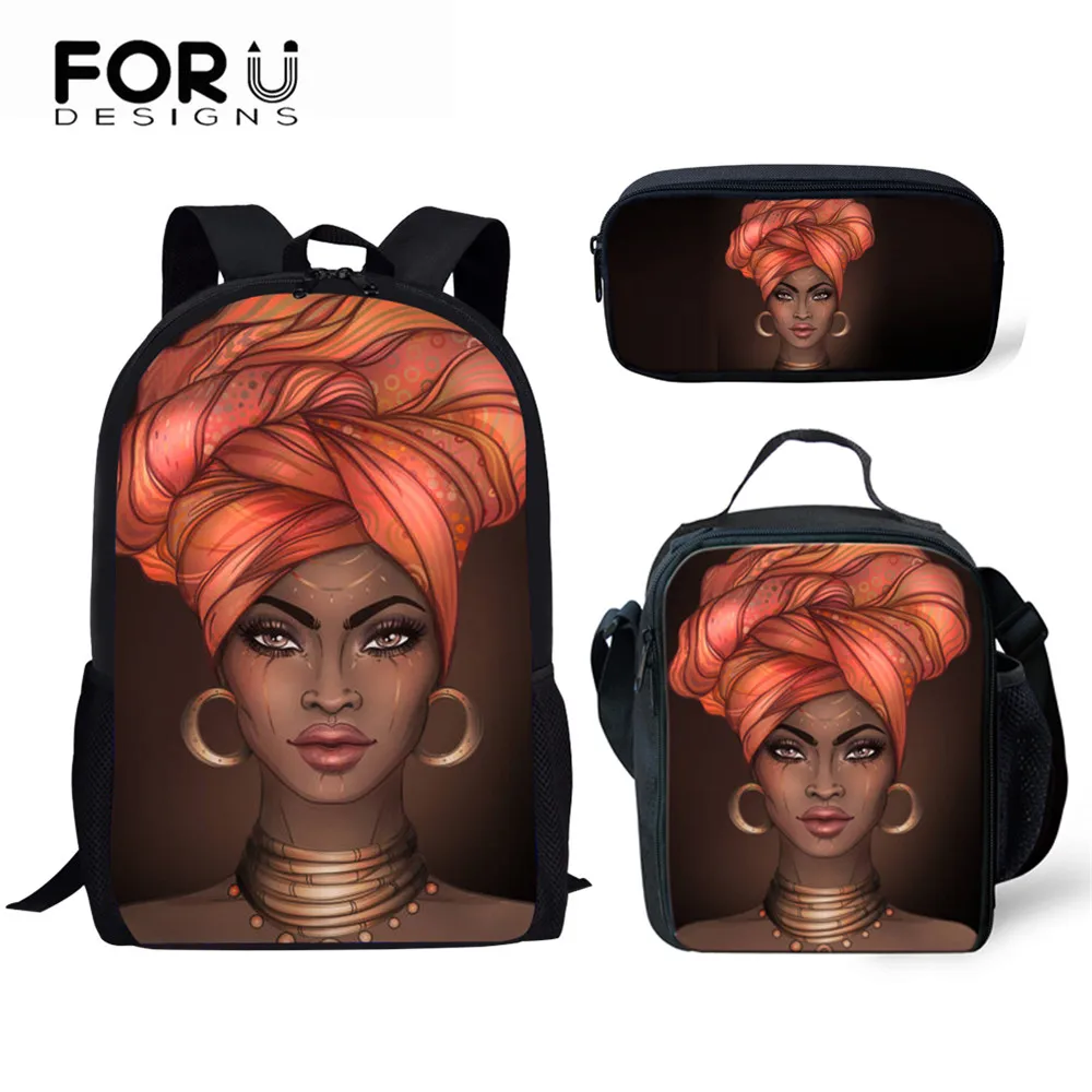 

FORUDESIGNS Black Queen African American Girls Printied Schoolbags Set for Teenage Girls Bookbag Children Kids School Bags
