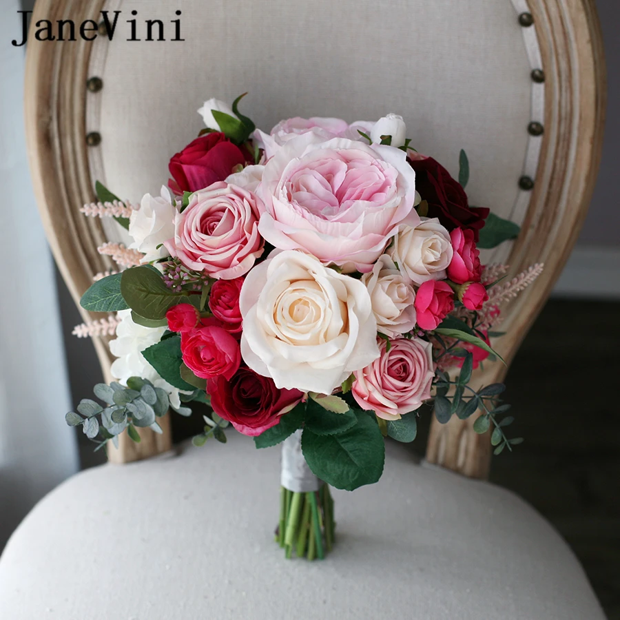 

JaneVini 2021 Vintage Bridal Hand Bouquets Burgundy Pink Flowers Artificial Silk Roses European Style Fake Bouquet Ramo De Novia
