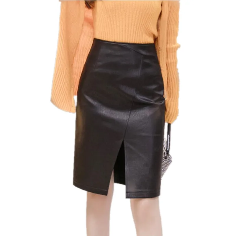 Черная юбка из искусственной кожи для женщин 2021 Новинка на весну и зиму миди