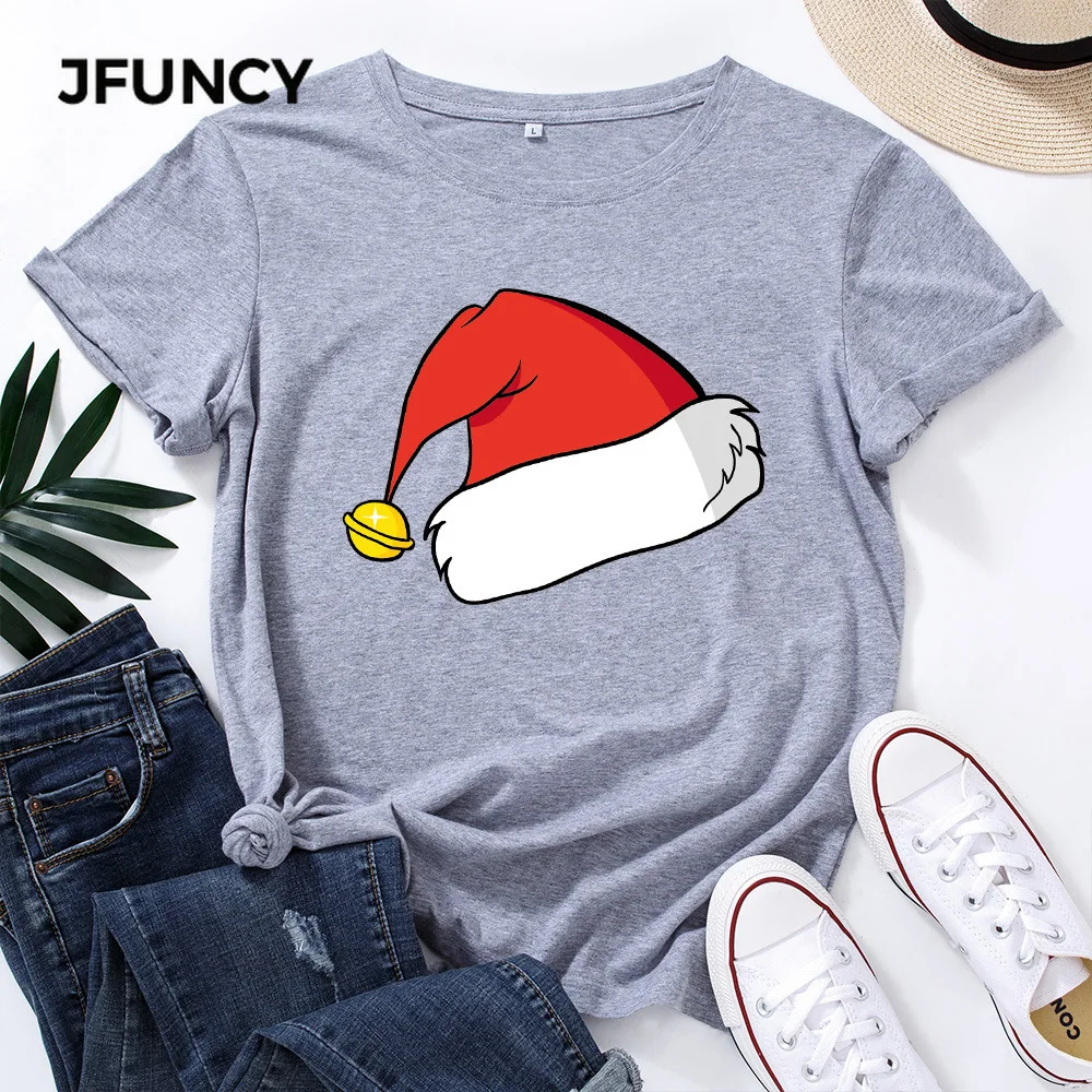 JFUNCY Women's Cotton Tops Christmas Santa's Hat Print T-shirt Female Casual T Shirt Women  Short Sleeve Graphic Tees