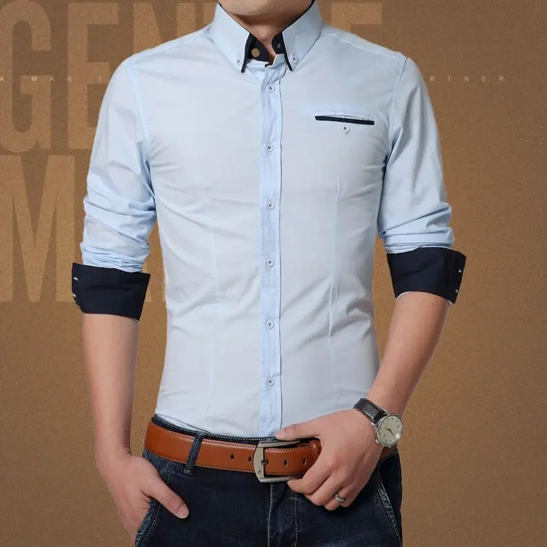 

Fleece Shirt Blouse Collar Slim-Fit Long-Sleeves Men Busines