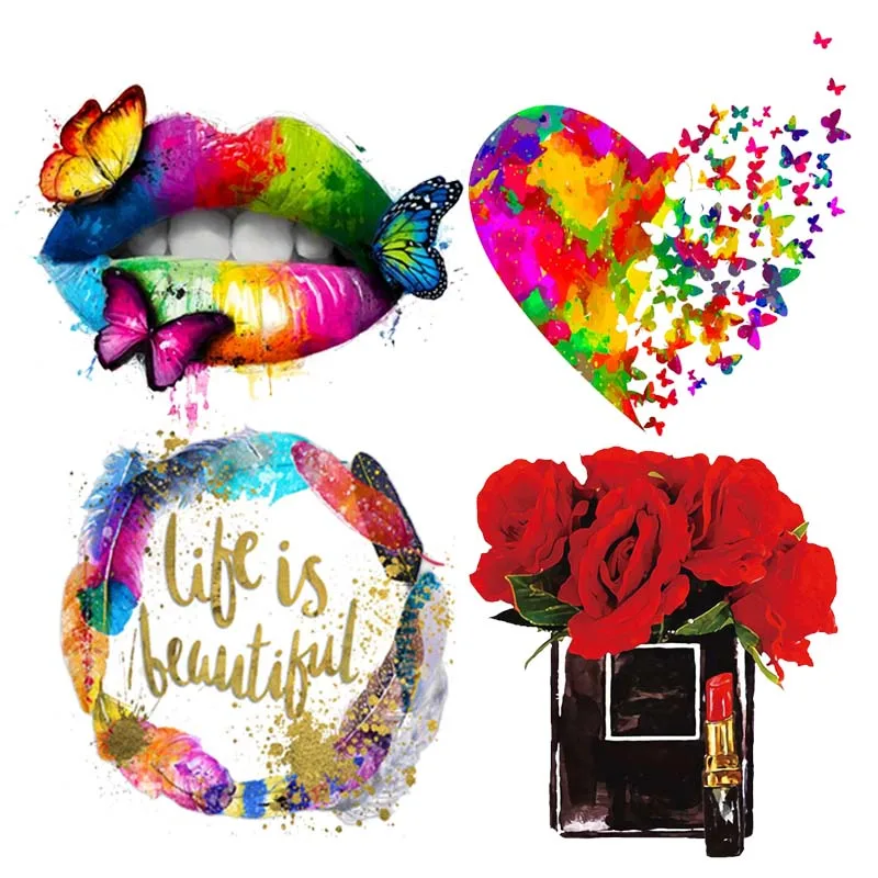 

Colorful Lips Life Is Beautiful Perfume Heat Transfers Clothes Stickers Hot Vinyl Thermal Iron On Patches For T-Shirt DIY