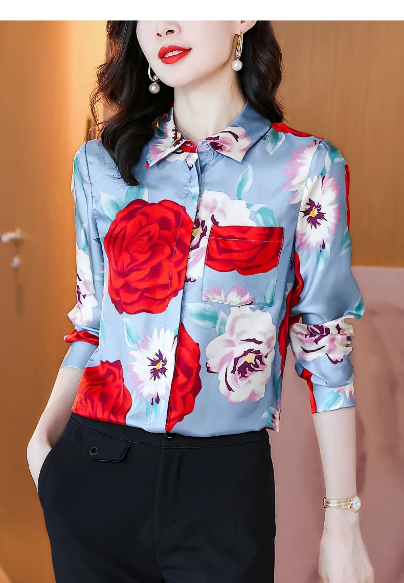 

Silk Satin Loose Women's Shirts Casual Long Sleeve Blusas New Fashion Blouses Printing Polo Collar Shirt Autumn Houthion