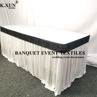 wholesale price white ice silk table skirt with net buckle swag tablecloth skirting for wedding event party decoration