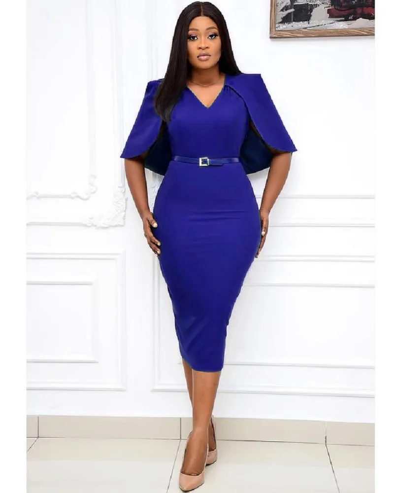 

GuyaWax 2021 New Slim Women Dress Elegant Fashion Office Lady V-Neck Cloak Dress Bodycon Robe Party Gowns Vestidos African Outfi