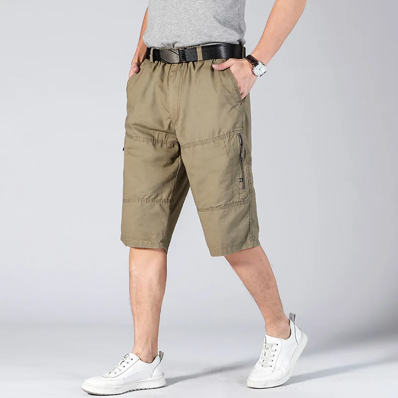 

Long Shorts Men Cargo Secure Pocket Zipper Bermuda Male Knee Length Elastic Waist Loose Cotton Summer Mens Breeches 3/4 Pant Men