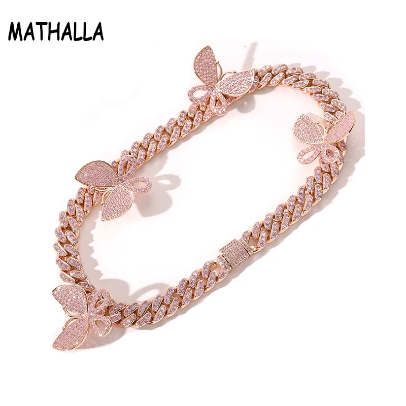 MATHALLA Hip-Hop Pink Butterfly Pendant Necklace Ice Cube Zircon Men’s Cuban Chain Necklace Women’s Jewelry as a Gift