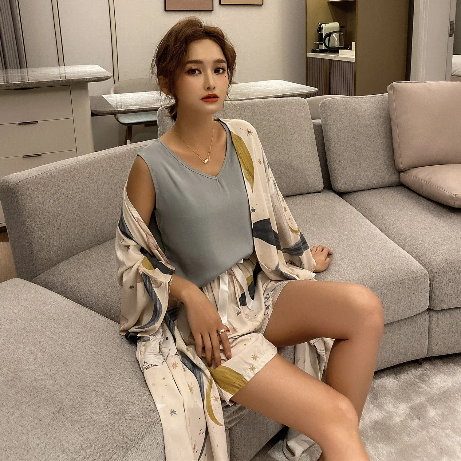 4 шт. весенне осенний комплект свободных пижам для дам комфортный кардиган + жилет