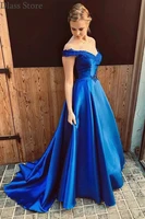 royal blue prom dress satin a line simple backless lace up off shoulder applique v neck evening dress robe de soir%c3%a9e de mariage